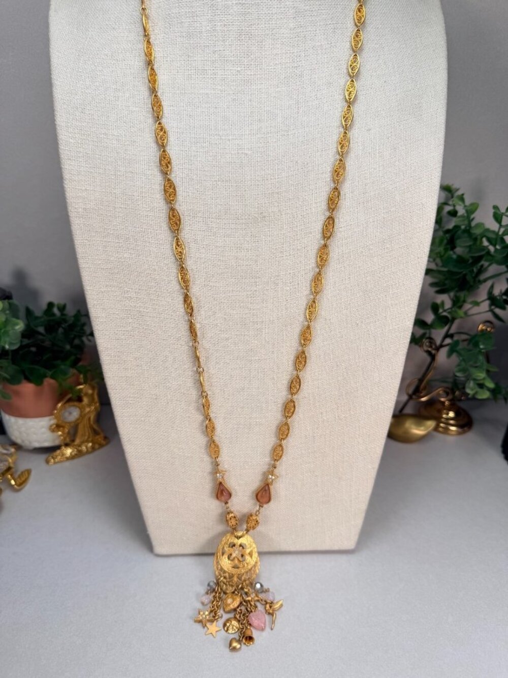 Kirks Folly Enchanted Charm Necklace Fairy Star Moon Rose Quartz Gold Rare